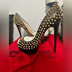 Christian Louboutin Lady Peep gold spiked heels size 38.5 US 8.5